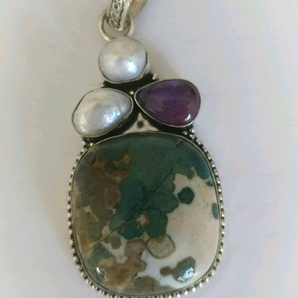 Ocean Jasper, Pearl, Amythyst Pendant